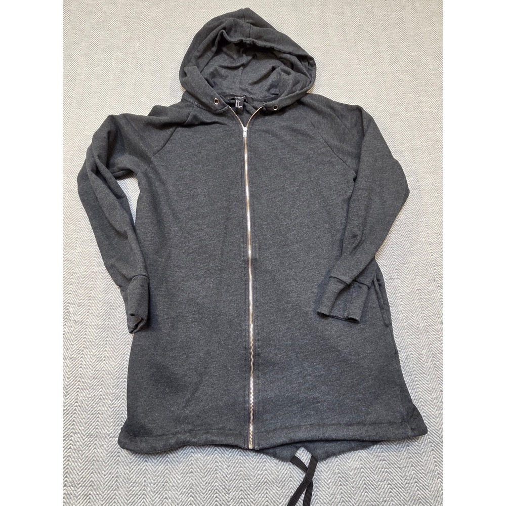 Forever 21 Mens Charcoal Gray Longline Graphic Zip Up Hoodie Small Raglan Sleeve
